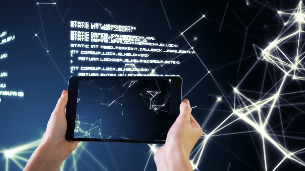 코드 기술 연결 인터페이스를 가진 태블릿을 사용하는 손