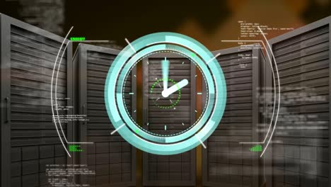 animation of clock, circles over computer language against server racks on abstract background