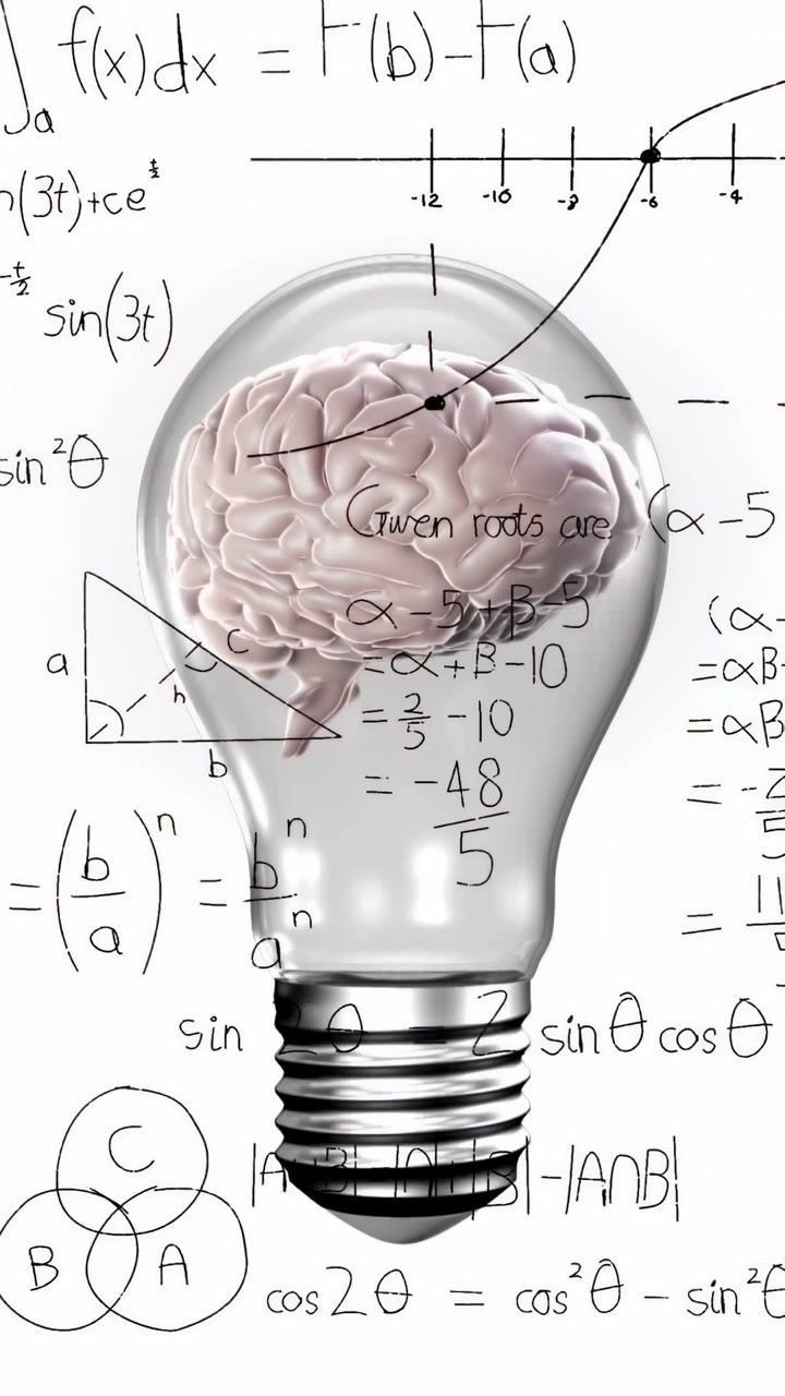 Video verticale: Cervello a lampadina trasparente centrato, con etichette che appaiono alla base formando grafici per l'istruzione.