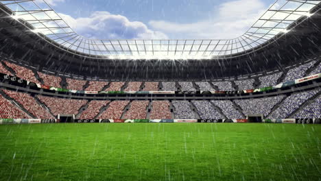animation of snow falling over spectators in stands at sports stadium with grass pitch