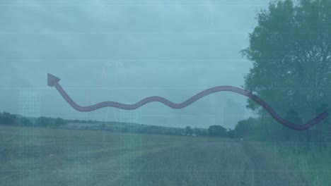 animation of arrow moving and statistical data processing over grassland against blue sky