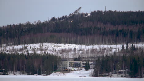 Vasta-área-De-Bosque-De-Pinos-Con-Paisaje-Nevado-Durante-El-Frío-Y-Tranquilo-Invierno,-Sin-Gente-A-La-Vista,-Vuokatti-Finlandia,-Tiro-De-Mano