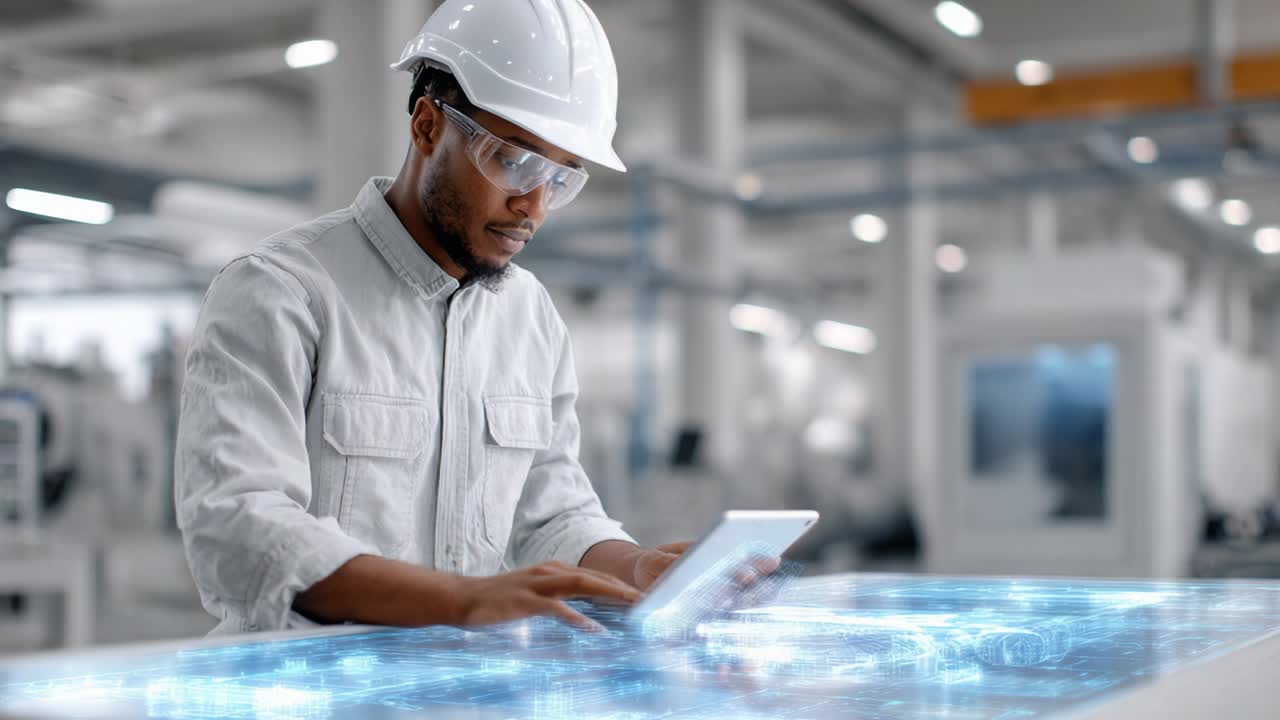 Engineer using augmented reality technology in a factory