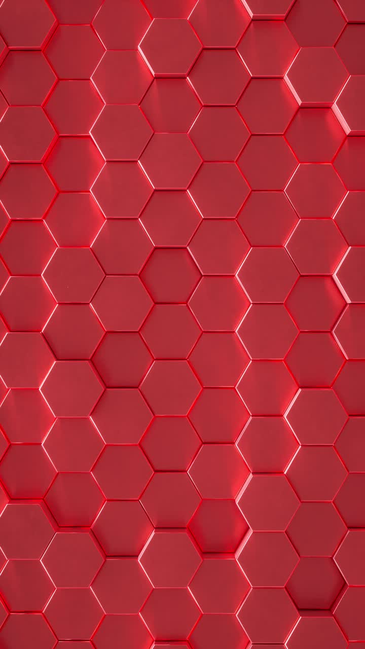 Abstract background of pulsing red hexagons in wall. 3d loop vertical
