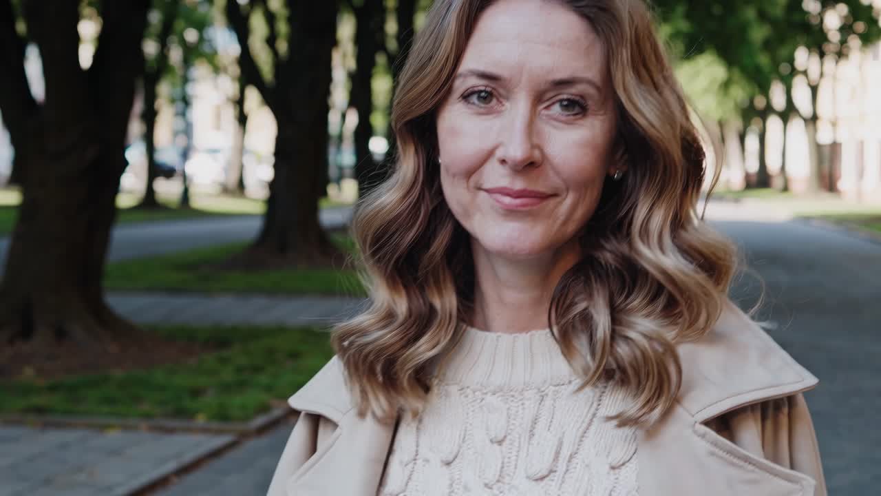 Mature woman radiating serenity while standing in sunlit park, wearing elegant beige coat and white sweater, expressing genuine happiness through warm, confident smile