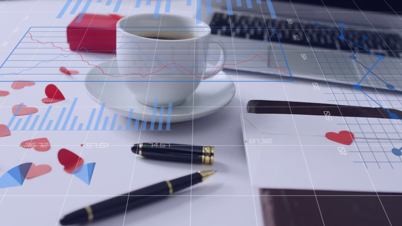 On start, data overlays fading over coffee cup, pens, hearts and laptop, highlighting metrics