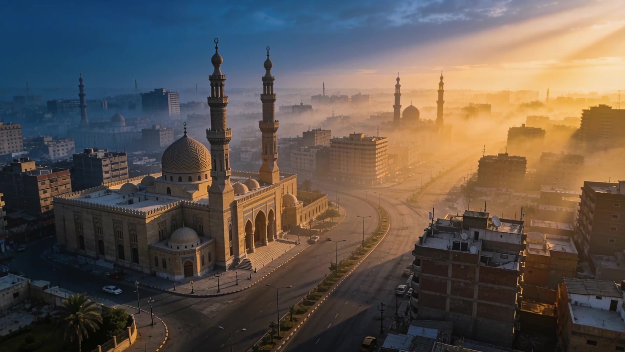 Il sole nascente che penetra la nebbia mattutina, la telecamera del drone che rivela cupole e minareti di moschee sulla città.