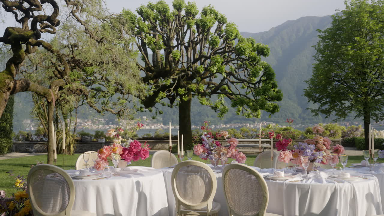 Luxury Outdoor Dining in a Garden Setting with a Mountain View