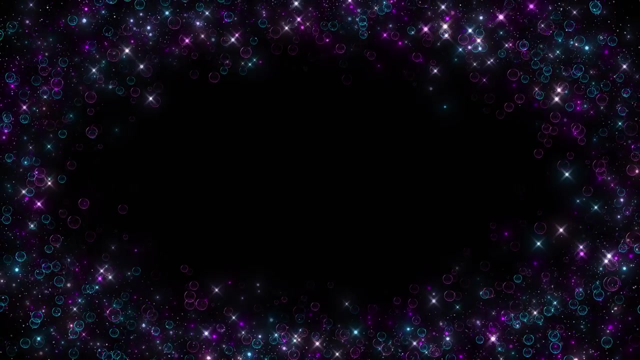 Purple cyan bubble border black background with glittering stars neon circles empty center space