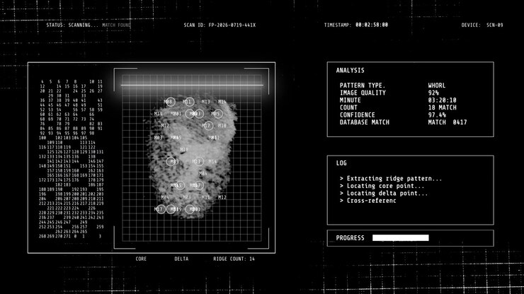A detailed fingerprint biometric scanning interface analyzing ridge patterns and successfully completing a secure database match confirmation loop.