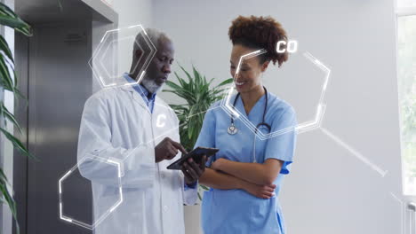 animation of chemical formula over diverse doctors using tablet