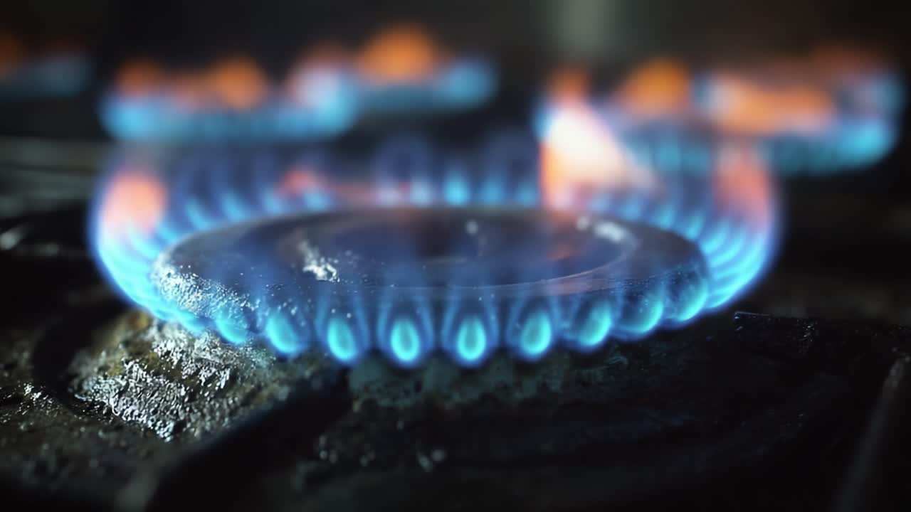 Et smukt nærbillede af blå flammer, der danser på et gasblus, som viser den intense varme og energi, der produceres under madlavning