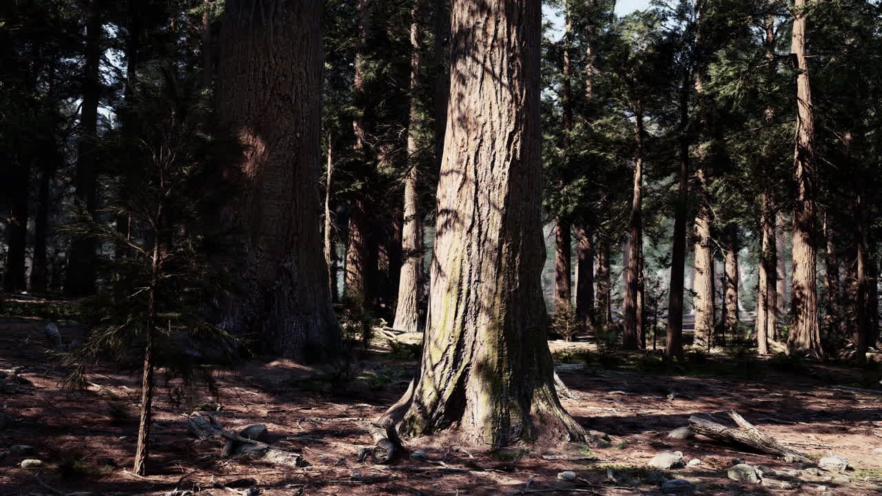 높은 나무 들 이 있는 울창 하고 웅장 한 숲