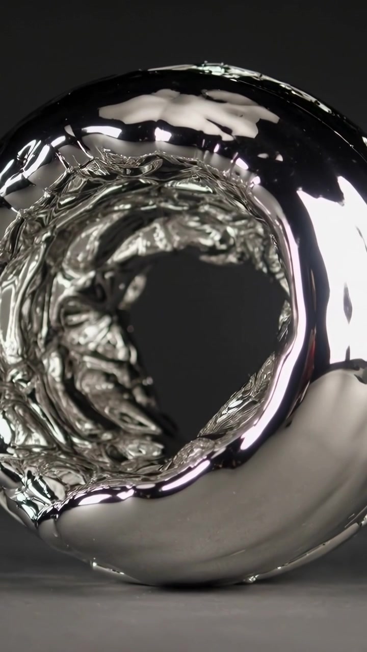 Vertical video: Lighting shifting, chrome torus showing inner metal swirl rotating, studio tabletop
