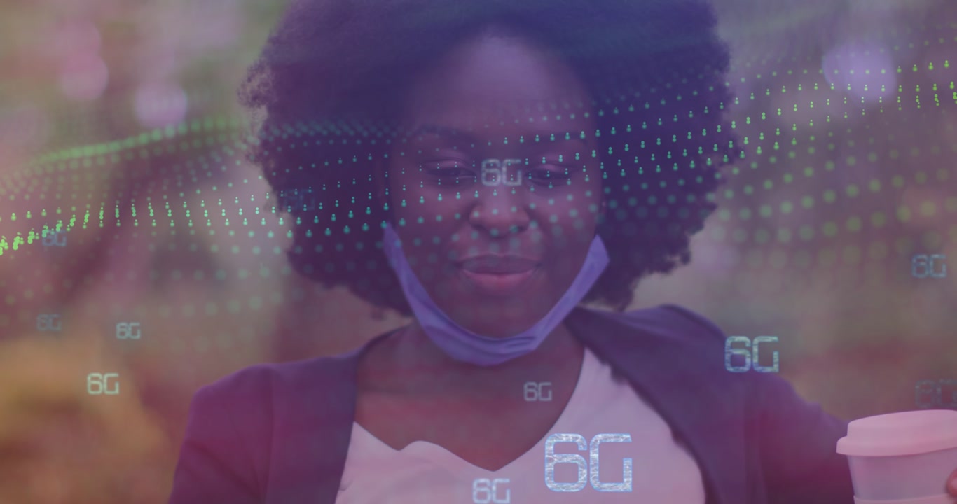 Animation of 6g text banners over african american woman smiling while drinking coffee outdoors