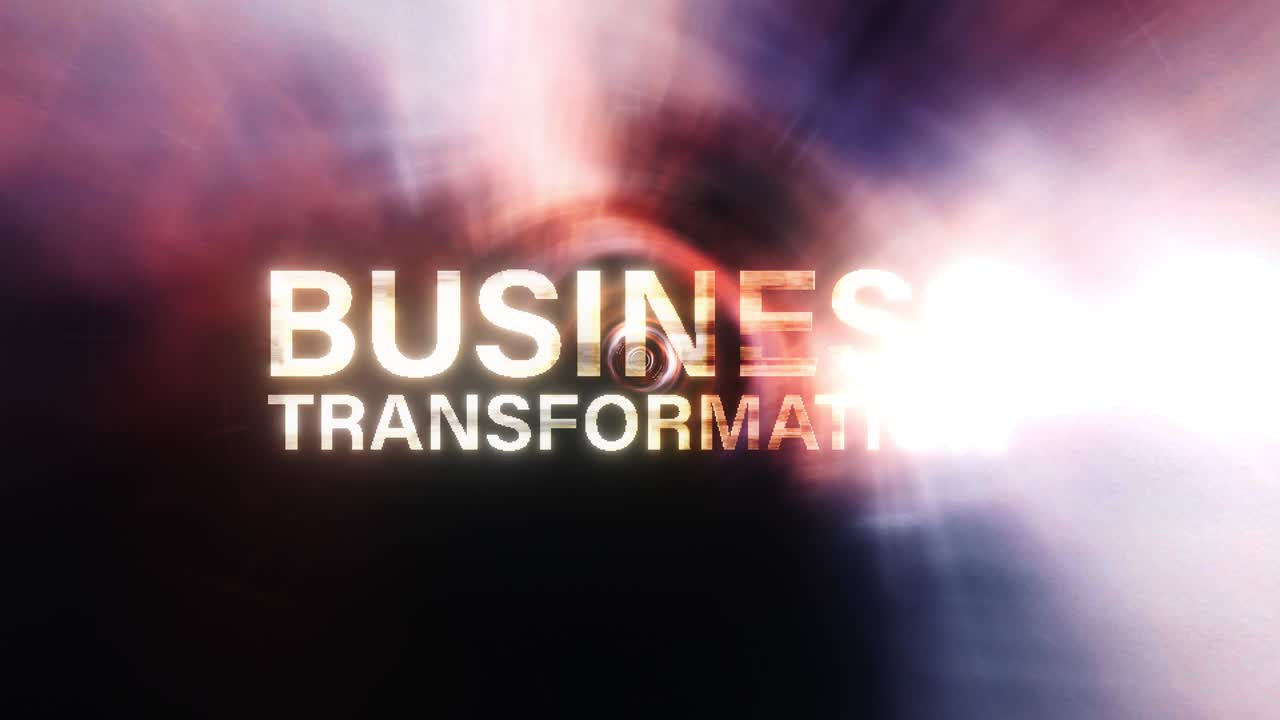 BUSINESS TRANSFORMATION cinematic technology loop title. 4K 3D Business Transformation golden text glitch animation with abstract 3D futuristic art tunnel and beautiful cloud and flare light loop.