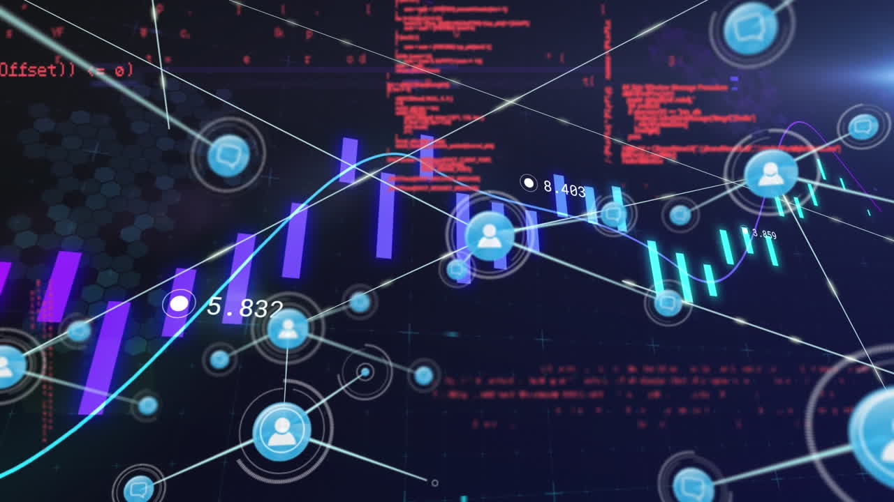 Animation of network of connections with icons over data processing on black background