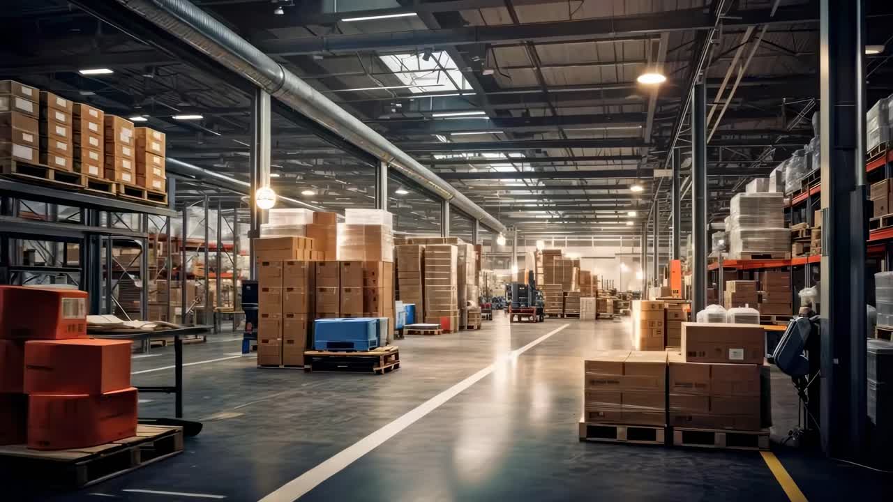 Wide-angle shot of a spacious warehouse with stacked boxes and pallets, creating an industrial vibe