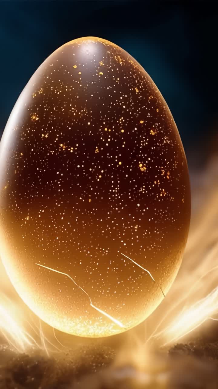An Enigmatic Golden Egg Glowing with Mystical Light, Sparkling Dust Surrounding, and Cracking Open to Reveal Hidden Wonders Within the Radiant Shell