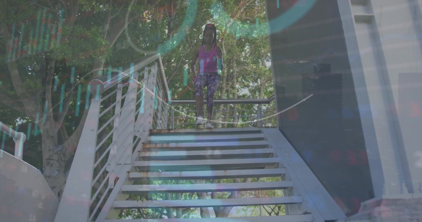 Animation of statistical data processing over african american fit woman walking down the stairs