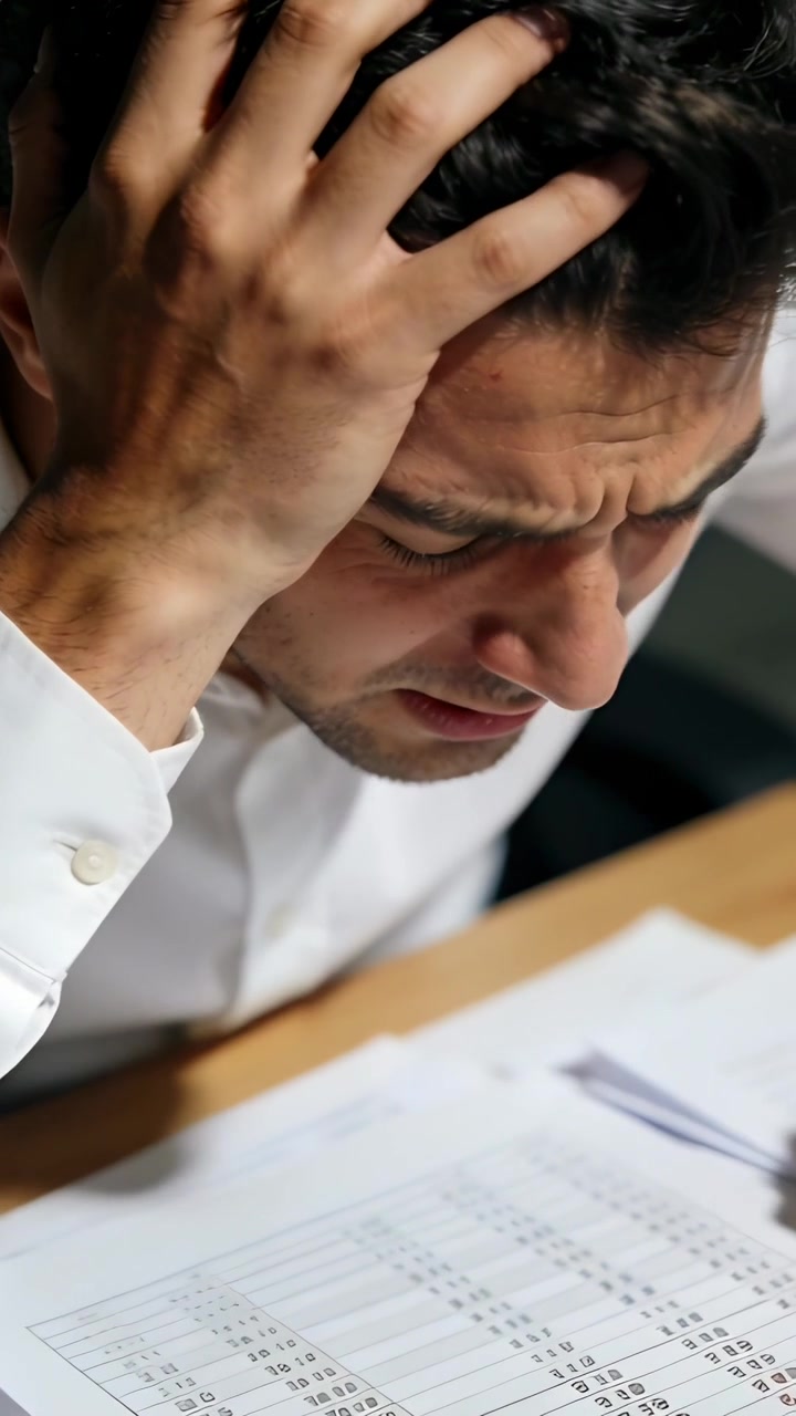 Video verticale: Vedendo numeri negativi su dei documenti, un uomo in camicia bianca si passa una mano tra i capelli alla scrivania.