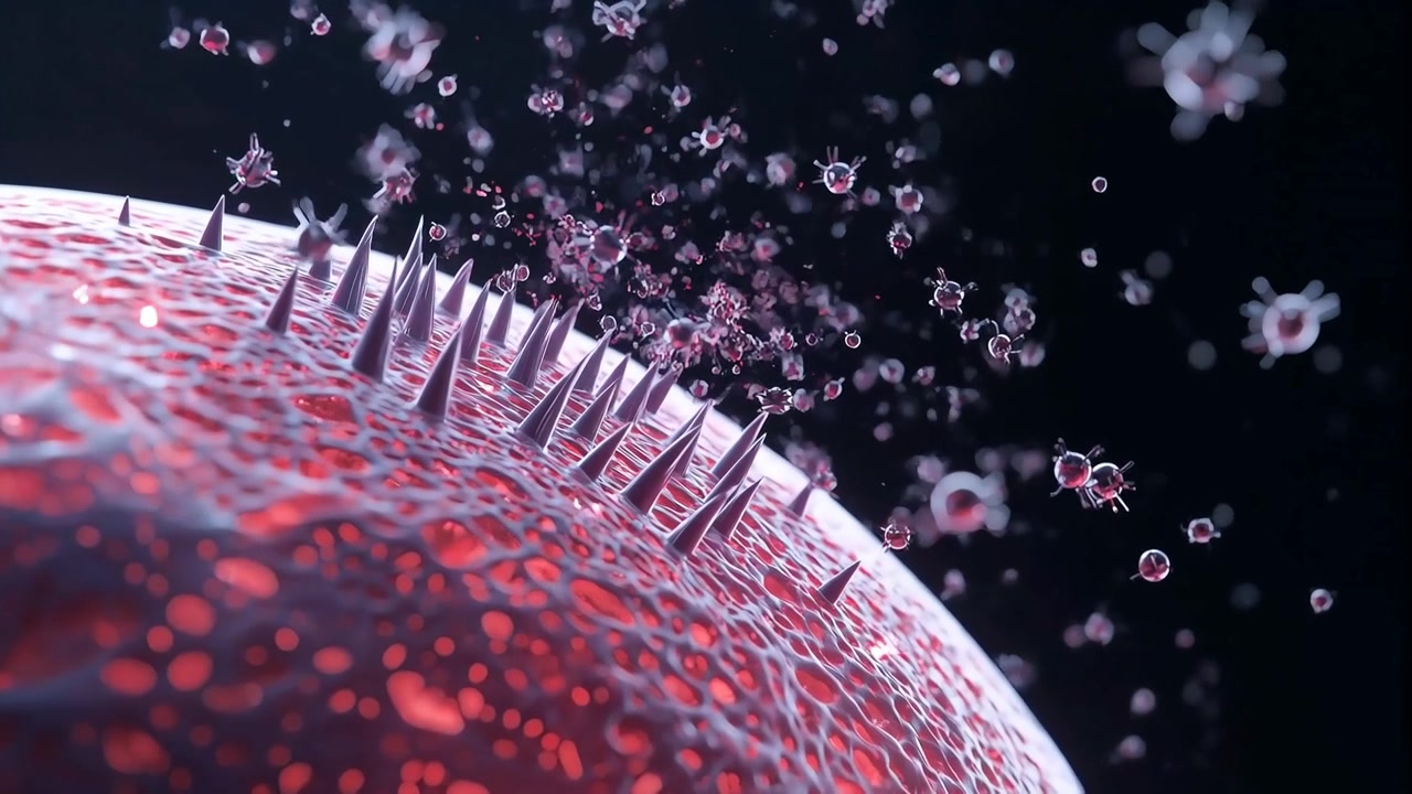 Afflusso crescente di particelle appuntite che si sposta da destra verso una cellula in un fluido scuro, formando una nuvola attorno alle punte.