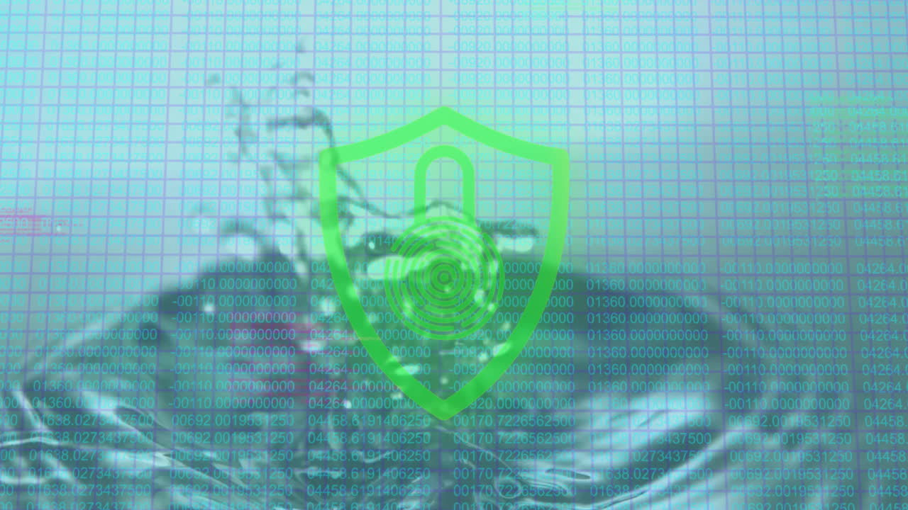Red fingerprint shield with animation over digital security data and water splash