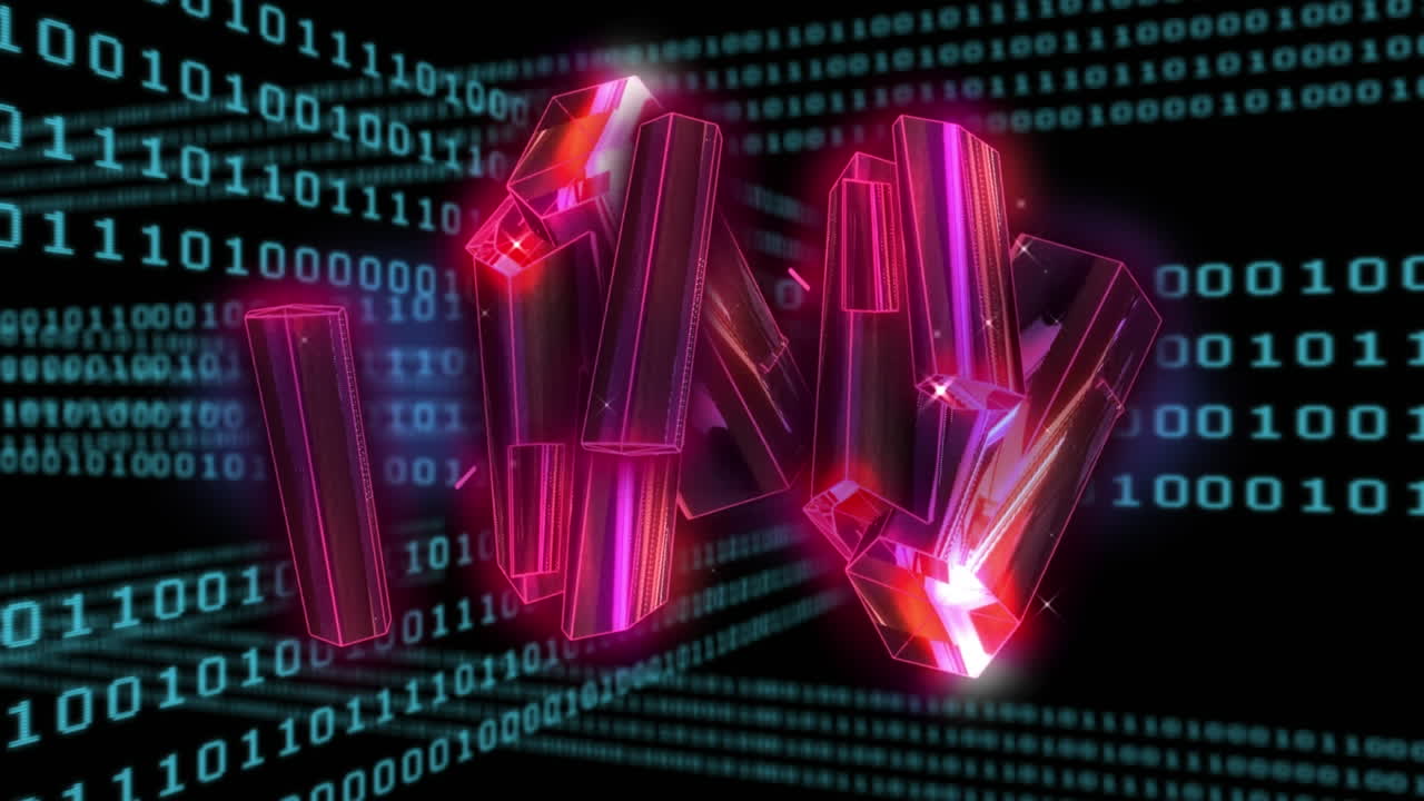 animación de bloques brillantes rosados que giran sobre codificación binaria y procesamiento de datos