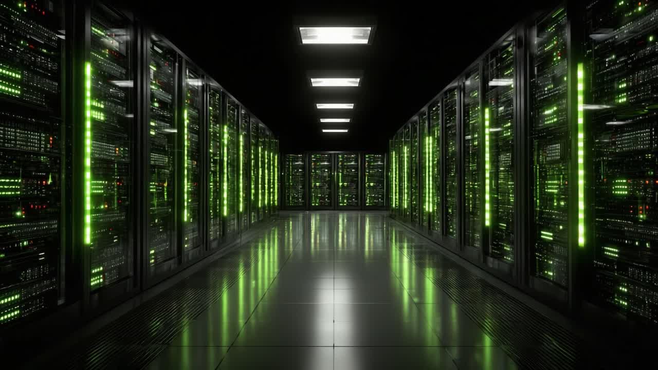 En højteknologisk datacentralkorridor: Viser rækker af servere med oplyste lys i et mørkt miljø, der afspejler en moderne computerinfrastruktur.
