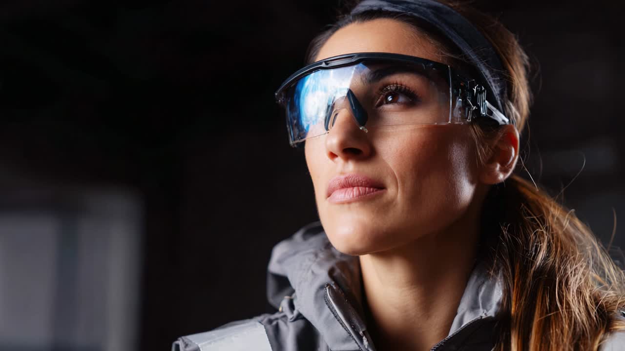 A determined woman wearing advanced protective eyewear gazes into the distance, embodying focus and resilience in a dynamic environment, highlighting qualities of strength and innovation in modern safety gear