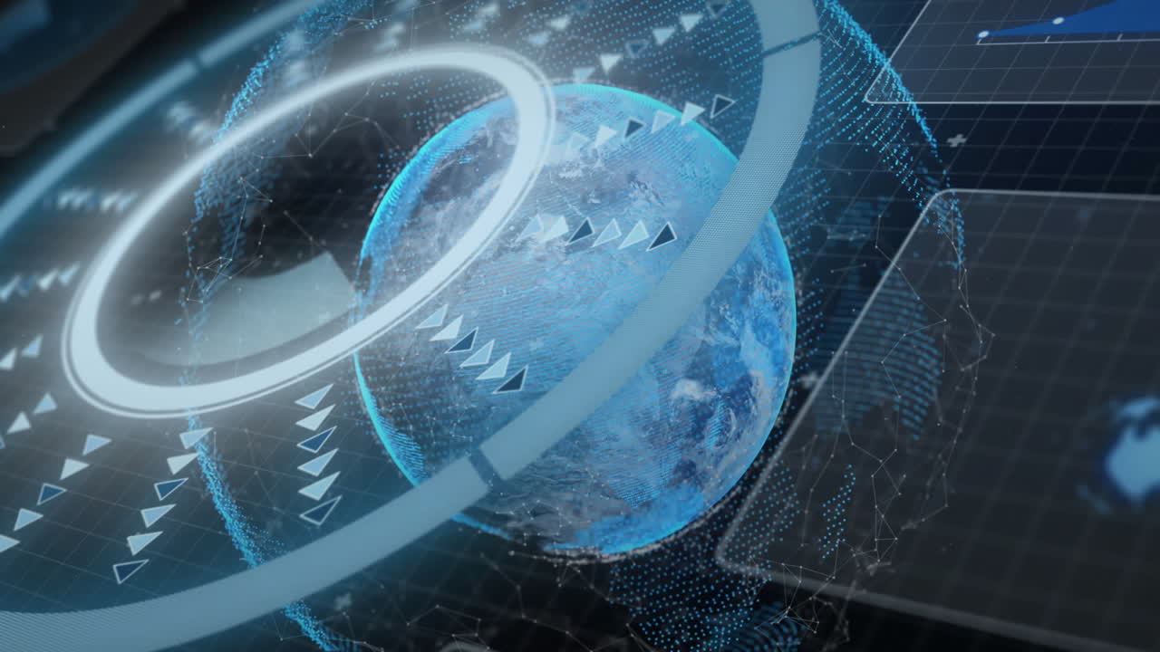 Animation of digital globe with futuristic data processing graphics and arrows