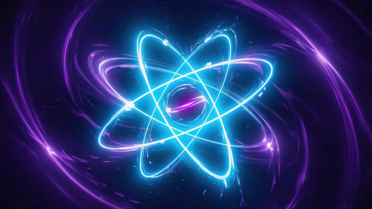 Abstract Glowing Atom with Blue and Purple Orbits