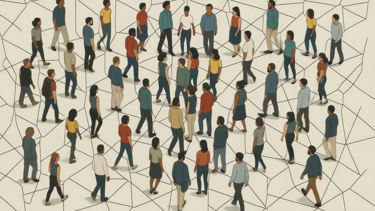 Illustration of diverse people standing on a network grid, viewed from above