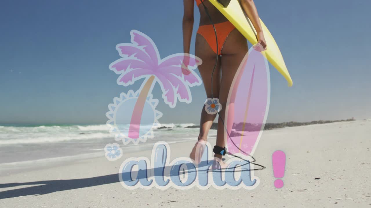 Mujer surfista llevando tabla amarilla caminando hacia las olas, correa enrollándose, superposición de 'aloha' para viajes.