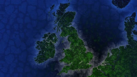 map of the uk. view from space. shimmering cities and villages. an ecologically beautiful world.