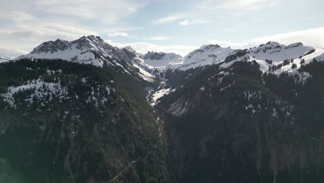 El-Paisaje-Escénico-De-La-Cordillera-En-Tirol-Tannheimer-Tal,-Suiza,-Donde-La-Nieve-Cubre-Los-Picos-Y-Los-Bosques-Se-Cruzan,-Mostrando-El-Encanto-Natural-De-La-Campiña-Suiza.