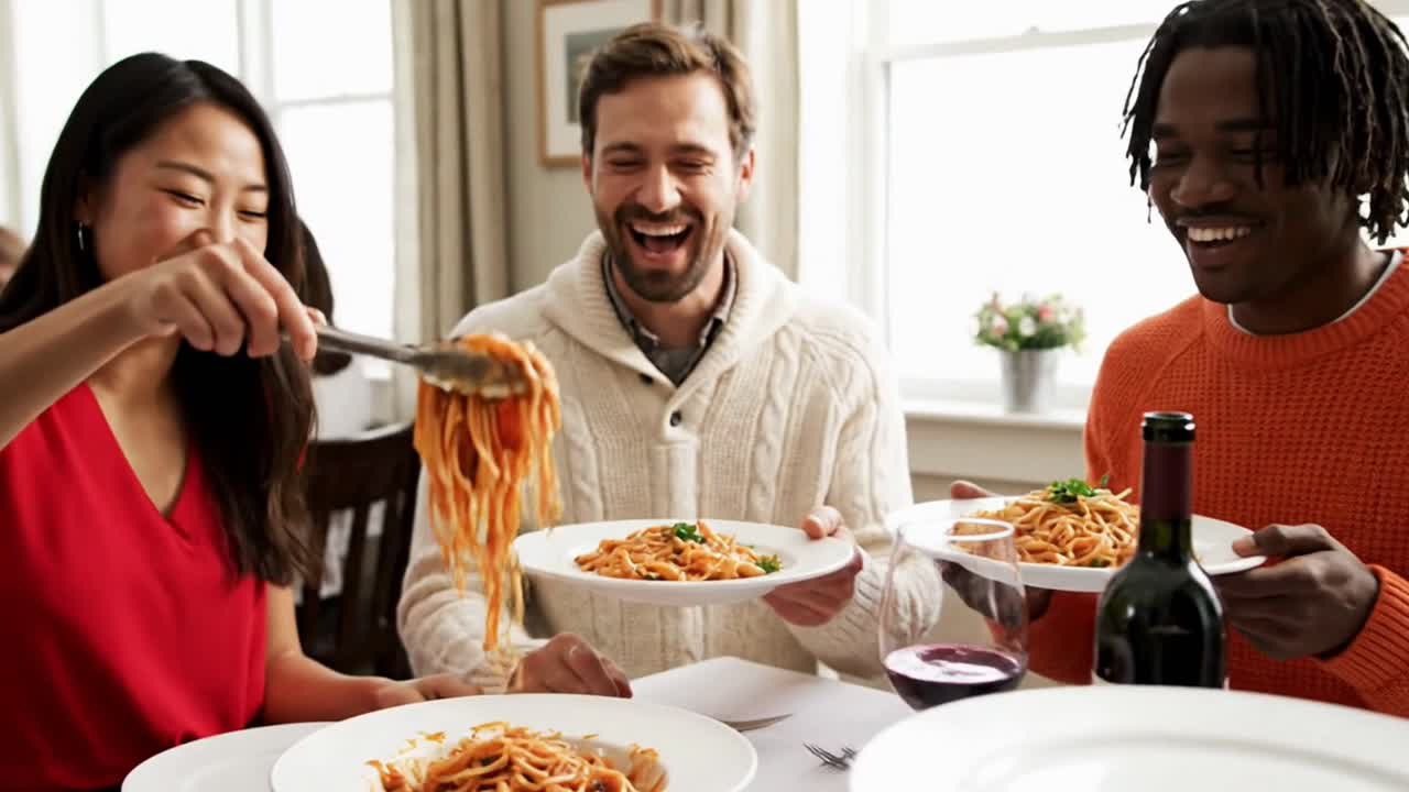 Diversi amici che si godono una cena a base di pasta