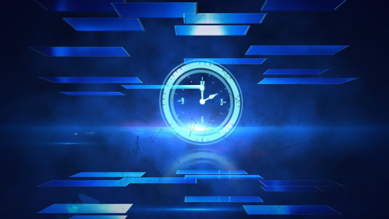 블랙 배경에 파란 사각형 위에 움직이는 시계와 연결 네트워크의 애니메이션
