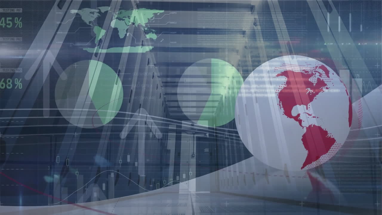 animación del procesamiento de datos financieros y el mundo a través de servidores informáticos