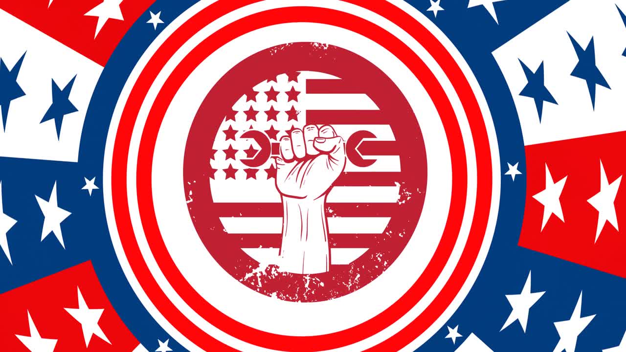 Animation of hand with wrench over flag of american pattern