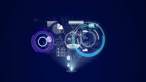 animation of circular scanner, processing data and communication network on dark blue background