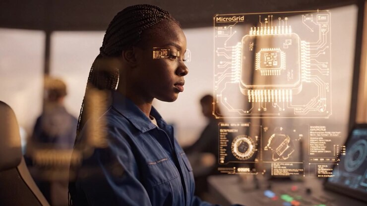 A Focused Engineer in a Control Room Analyzes Circuitry and Systems, Showcasing Advanced Technology in a Modern Workspace Environment