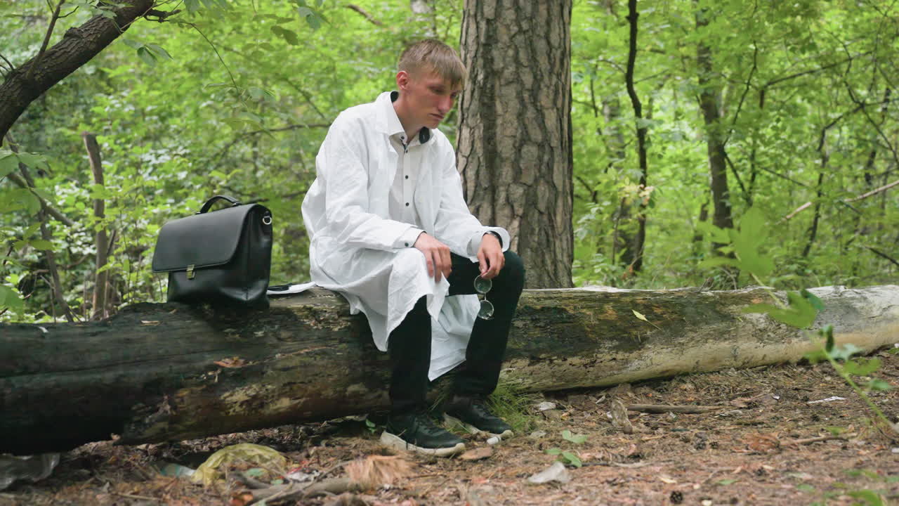 Scientific researcher in white coat sitting on dry stump in forest removing glasses while showing fatigue and exhaustion during outdoor work surrounded by trees with bag beside him