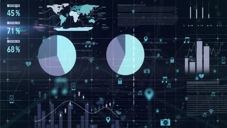 global data analytics and statistics animation over digital interface with charts and graphs