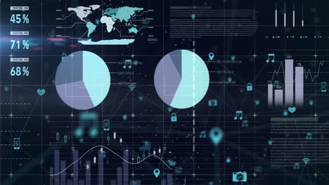 Global data analytics and statistics animation over digital interface with charts and graphs