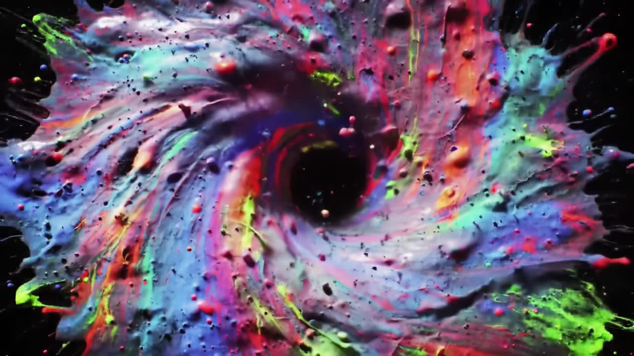 An artist mixes vibrant paints on a canvas creating a mesmerizing swirl of colors. Bright blue, pink, green, and yellow burst vibrantly against a dark background, showcasing creativity and passion.