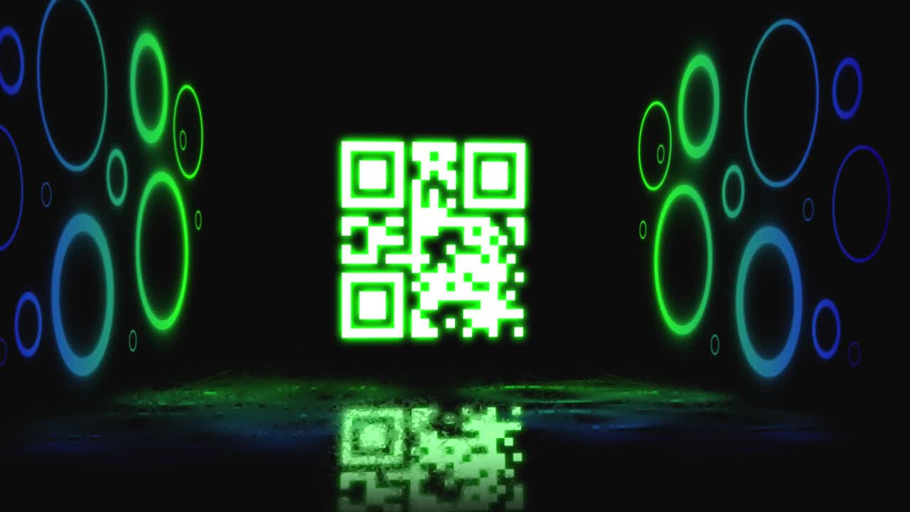 Animation of qr code over neon shapes on black background