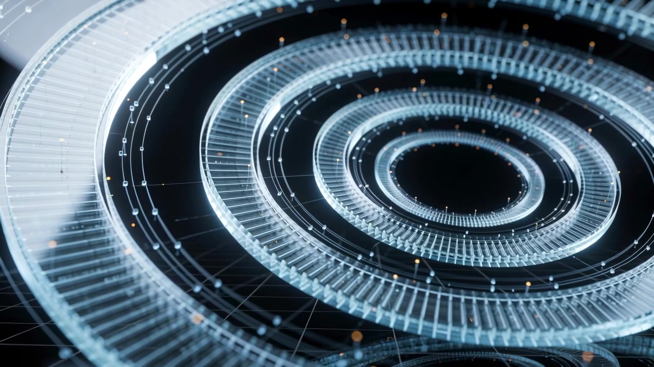 Animazione che inizia in studio, anelli che ruotano su una griglia, nodi che pulsano verso un vuoto centrale, mostrando dati