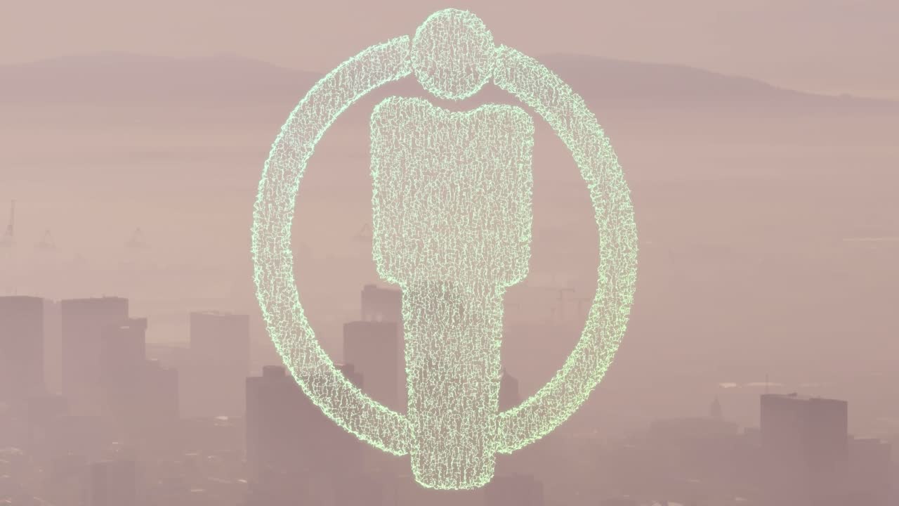 산과 도시의 공중 전망 위에서 남성 아이콘을 형성하는 점의 애니메이션