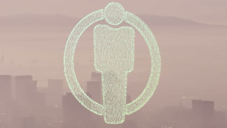 animación de puntos que forman un icono masculino en círculo sobre una vista aérea de la montaña y la ciudad.